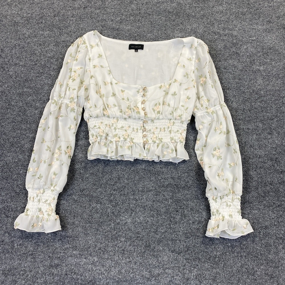 Majorelle Womens Small Top Floral Embroidered Crop Top Blouse Ivory Smocked